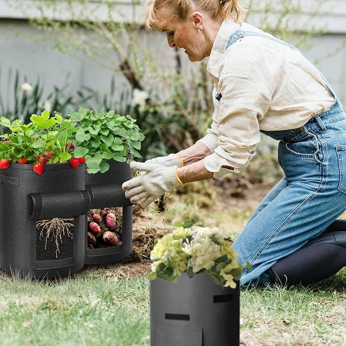 6 Pack 7 Gallon Potato Grow Bags, Heavy Duty Nonwoven Fabric Garden Planting Bag Plant Container with Flap and Handles, Aeration Fabric Pots for Growing Vegetable, Fruits and Flowers