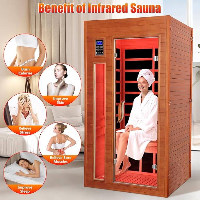 1-2 Person Infrared Sauna, Dry Heat Sauna with Red Light Therapy, Bluetooth, Radio, 7-Color Therapy Light for Home, Indoor, Gym, Wellness Center, 36″ x 36″ x 73″