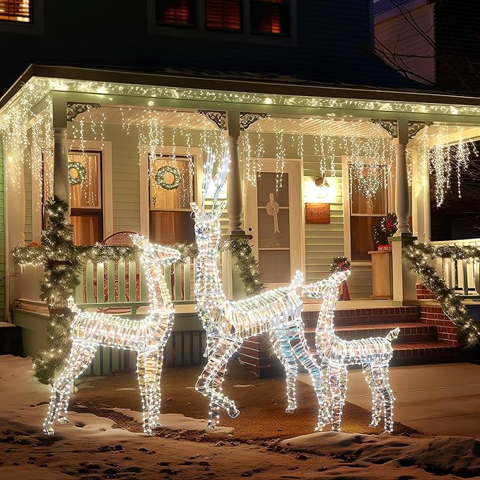 AWQM 3-Piece Lighted Christmas Reindeer, Christmas Deer Family Set, 50+80+100 LED Lights, Indoor or Outdoor Christmas Holiday Decoration for Yards Garden Lawn Patio Light Up Display, Iridescent