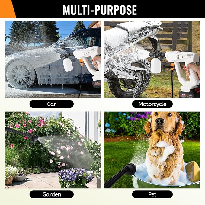 Portable Cordless Pressure Washer, 870 PSI/60 Bar Handheld High-Pressure Water Spray Wash Battery Powered Pressure Washer 48V with 6-in-1 Nozzle for Garden Car Floor Yard Fence Wall Cleaning