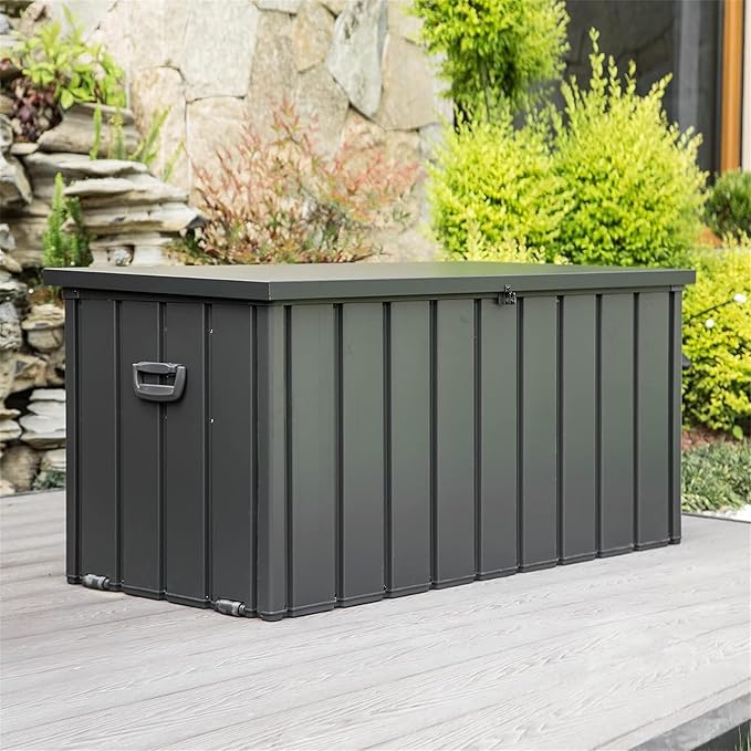 Heavy-Duty Outdoor Metal Storage Box Dark Gray Lockable Water-Resistant Deck Box for Patio Garden Tools Organization Rust-Resistant Outside Storage Box (100 Gallon)