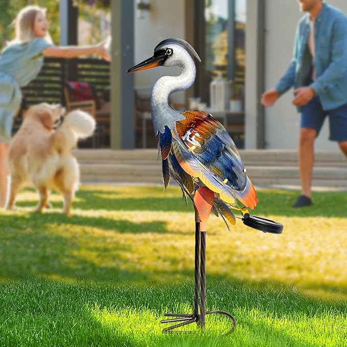 HONGLAND Solar Heron Metal Crane Statue Garden Heron Sculpture, Glass Outdoor Crane Yard Art Coastal Ocean Bird Decor 24 Inch Lawn Ornament for Backyard Porch Patio Decor（Purple）