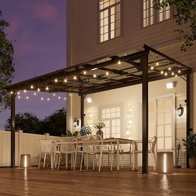 MEISSALIVVE 10' x 12' Wall Mounted Lean to Metal Awnings with Sloped Roof, Outdoor Patio Gazebo Awning for Backyard, Deck, Black