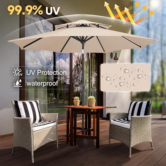 FLAME&SHADE 9ft Patio Umbrella - 2 Tiers Outdoor Umbrella with Push Button Tilt and Crank for UV Protection, Table Market Umbrella for Garden, Deck, Backyard, Pool and Beach(Beige)