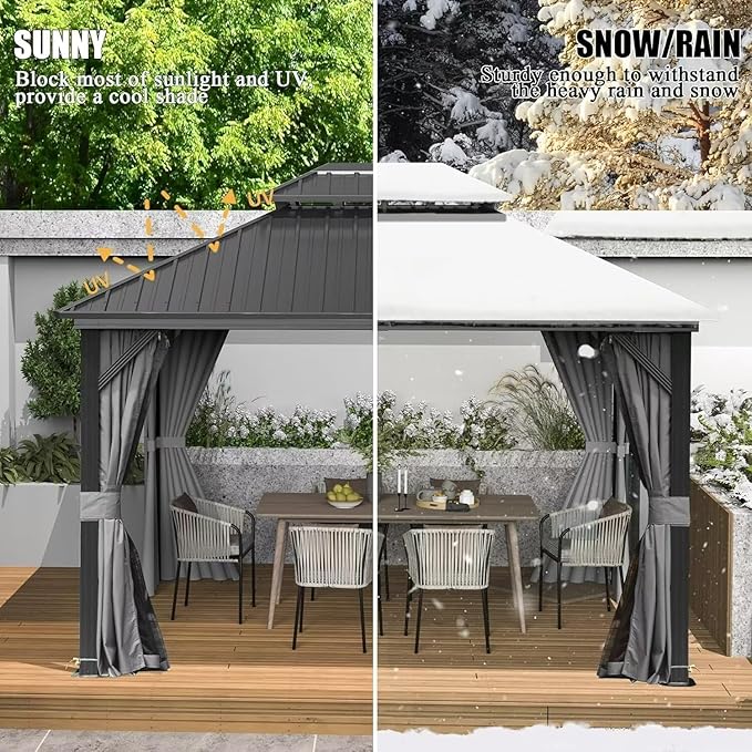 Domi 12’ X 16’ Hardtop Gazebo Canopy with Netting & Curtains, Outdoor Metal Gazebo with Galvanized Steel Double Roof for Patio Lawn and Garden, Gray
