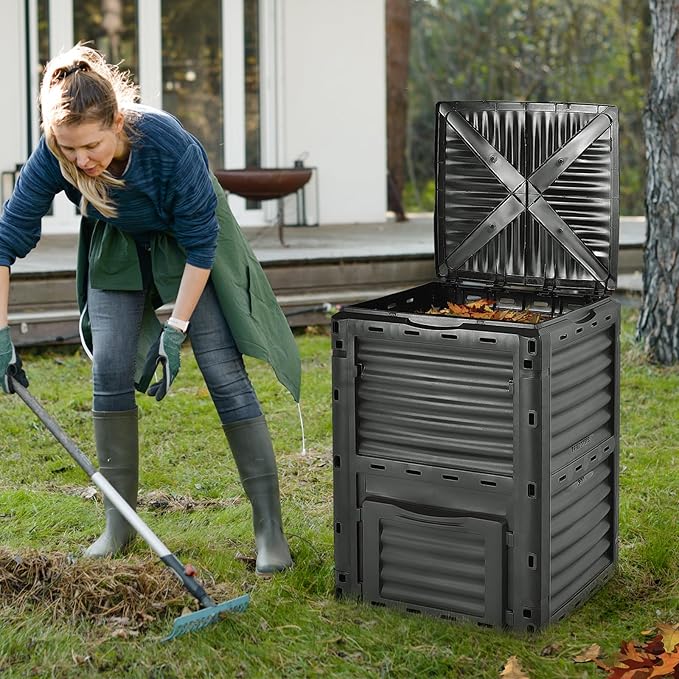 Compost Bin Outdoor, 80 Gallon Garden Compost Bin with Top Lid & Bottom Door, Aerating Outdoor Compost Box Waste Container Barrel Fertilizer for Garden & Yard (Black)