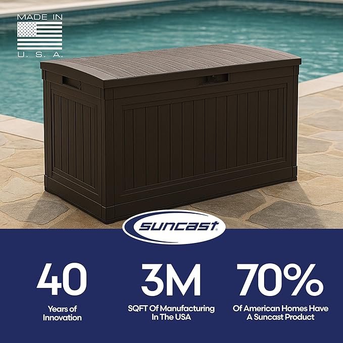 Suncast 80-Gal. Waterproof Resin Large Outdoor Patio Deck Box with Pad-Lockable Lid, Modern Outdoor Patio Bench/Storage Box for Cushions, Garden Tools, and More, Java
