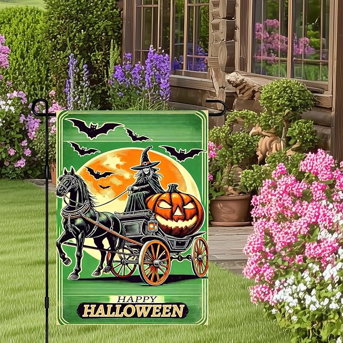 Halloween Horror Garden Flag 12x18 Inch Witch Carriage Pumpkin Moon Flag Outdoor Yard Decorations House Banner Porch Lawn Patio Home Decor