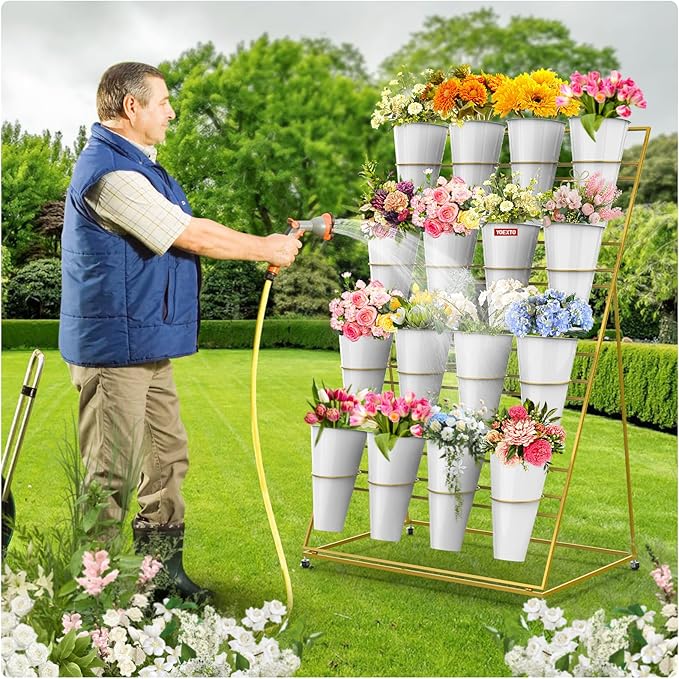 Flower Display Stand 4 Layers with 16 PCS Round Buckets, Plant Stand with Wheels, Movable Metal Plant Stand for Terrace Garden, Florist Shop (Gold Frame, White Buckets, 4-Tier, 16 Buckets)