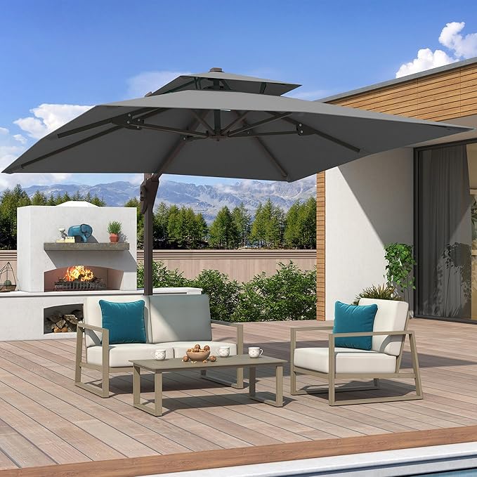 10x10 FT Cantilever Patio Umbrella with Base Included Double Top Outdoor Square Large Heavy Duty Aluminum Offset Umbrellas with 7 Level Tilt 360-degree Rotation for Pool Garden Deck,Grey