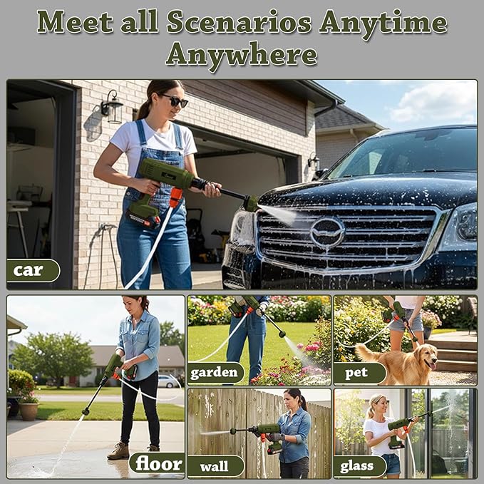 Power Washer,1200 PSI Cordless Pressure Washer with 2×21V Battery&6-in-1 Multi-Function Nozzle,Portable Pressure Washer Suitable for Cleaning Vehicles, patios, Glass, Floors, and Watering Plants