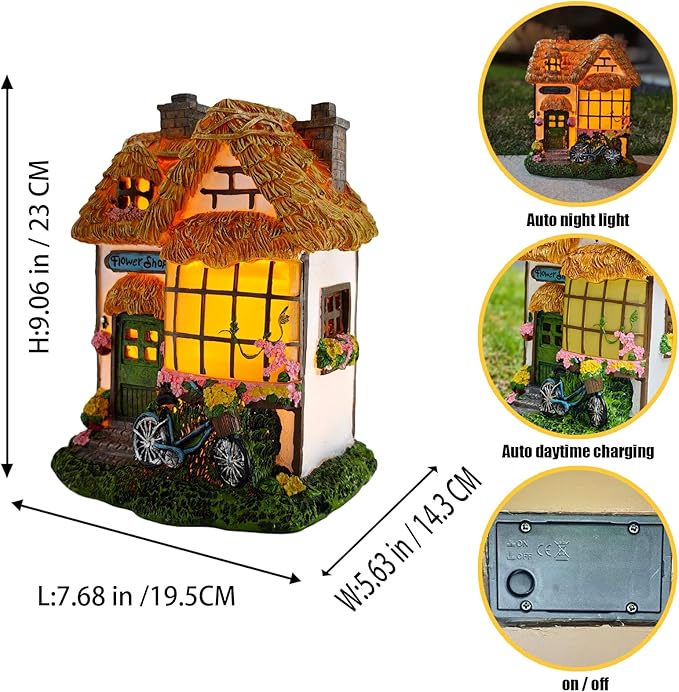 Prospect Thatched Cottage, Solar Statue Lights Mushroom Fairy House, Garden House Statues, Outdoor Memorial Ornaments Waterproof Decoration for Outside Patio Yard Lawn Decor