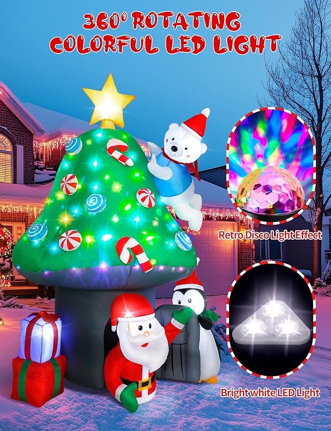 Christmas Inflatable Outdoor Decoration, 7FT Blow Up Mushroom House with Santa, Polar Bear & Penguin, Built-in Colorful Light Inflatable Christmas Tree & Gift Boxes for Xmas Party Yard Lawn Patio