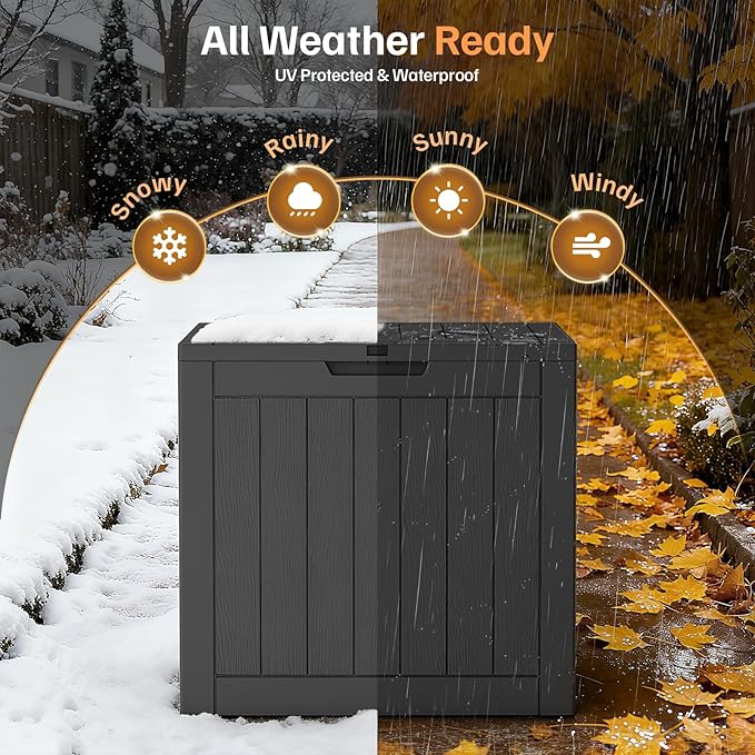 31 Gallon Deck Box, Small Outdoor Storage Box Waterproof, UV-Resistant and Weatherproof Outside Resin Storage Bin for Outdoor Patio Furniture Pillows, Pool Supplies, Garden Tools, Black