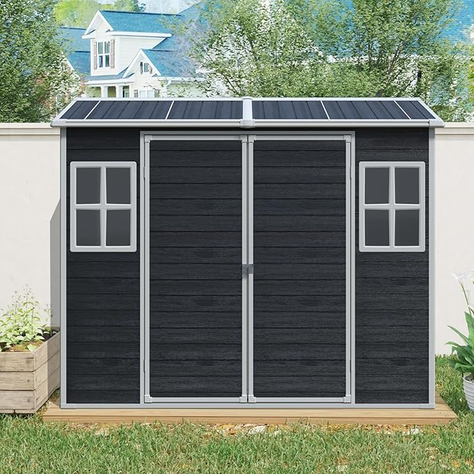 LANTRO JS Storage Shed with Floor Included, 4x8ft Outdoor Plastic Shed with 2 Windows and Lockable Door for Garden Tools, Bike