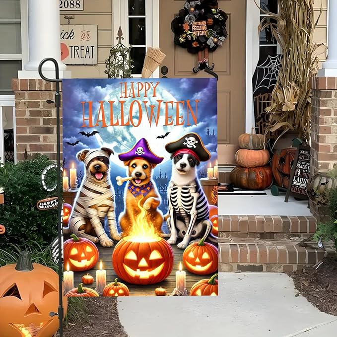 Happy Halloween Garden Flag Double Sided 12x18 Flag Halloween Puppy With Pumpkin And Bat Garden Flag Pirate Costumed Puppy For Autumn Winter Outdoor Yard Lawn Decoration Banner