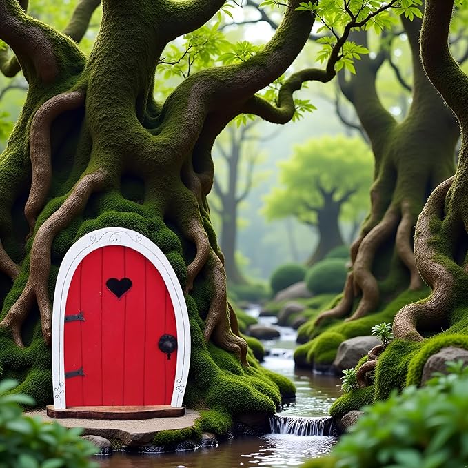 Red Streak Mini Fairy Garden Door for Tree, 3D Miniature Fairy Door for Fairytale Tiny House Doors, Bonsai Terrarium Micro Landscape Decoration Accessories Garden Miniatures