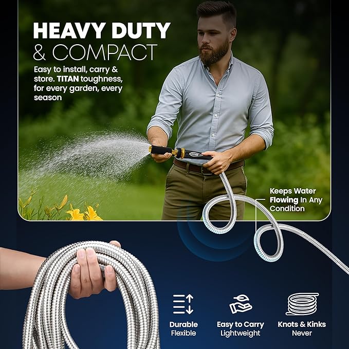 TITAN Garden Hose 150FT - 304 Stainless Steel Metal Water Hose, Flexible, Kink-Free, Lightweight, Durable Crush Resistant Fittings, Easy to Coil, 500 PSI