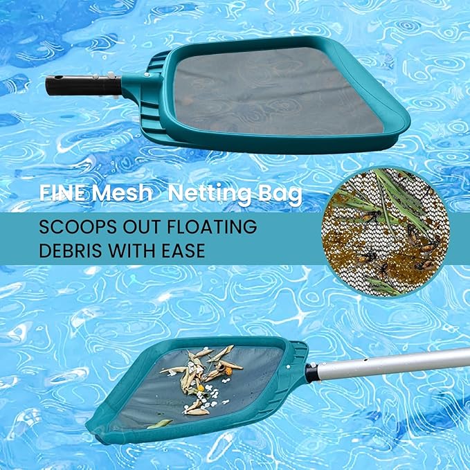 Economy Swimming Pool Cleaning Kit - Fine Mesh Deep Pool Rake & Leaf Skimmer Net, Rotatable Pool Brush Head for Cleaning Above Ground & Inground Pools (No Pole)