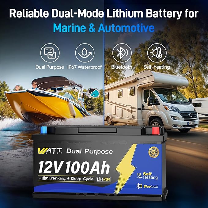 Wattcycle 12V 100Ah Marine Starting LiFePO4 Battery Bluetooth, [Cranking &Deep Cycle] Lithium Battery with Self-Heating, Built-in 200A BMS, Perfect for Trolling Motor, RV, Marine, Boat