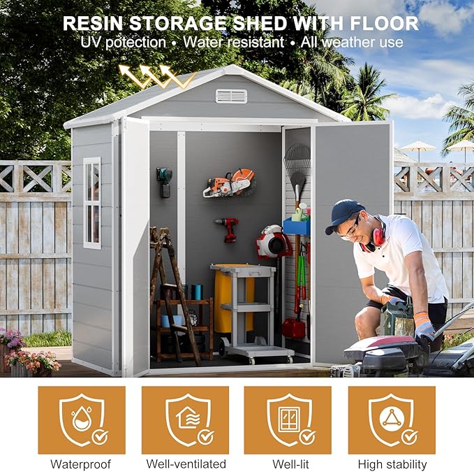 Resin Outdoor Storage Shed with Floor 6x3 FT Waterproof Plastic Sheds Kit Window Lockable Door Included, Outside Garden Tools Sheds for Backyard Patio