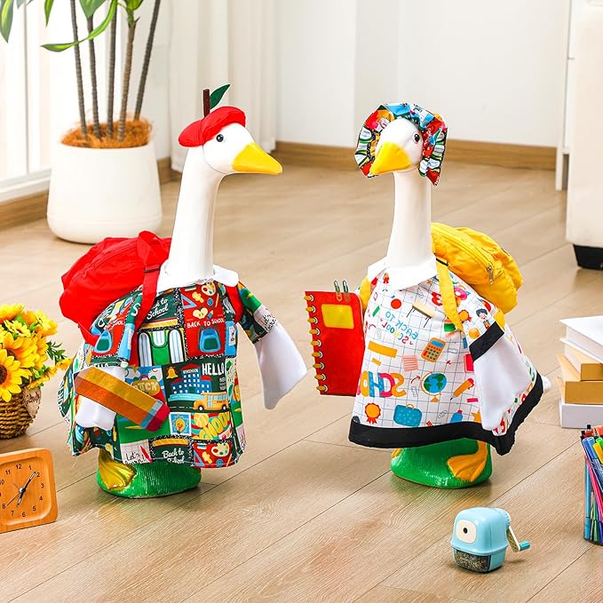 Abbylike Porch Goose Outfits Porch Yard Goose Outfits Clothes Costume Fits Large 23'' Cement for Garden Yard Statue Pathway Decorations(Back to School,2 Set)