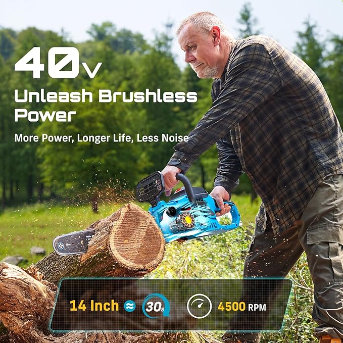 SEESII 40V 16-Inch Cordless Chainsaw: Brushless Electric Chain Saws with 2×4.0Ah Batteries & Charger, Tool-Free Chain Tension, Auto Oiling, for Tree Trimming, Wood Cutting, Yard Work