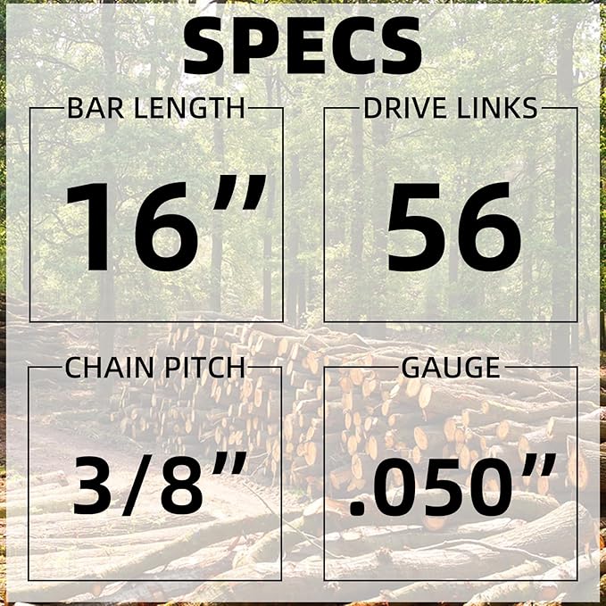 16 Inch Chainsaw Bar and Chain Combo - 56 Drive Links .050" Gauge, 3/8" Pitch, 16" Chain Low-Kickback Chainsaw Chains Compatible with Craftsman, Echo, Homelite, Poulan (2Chain+1Bar)