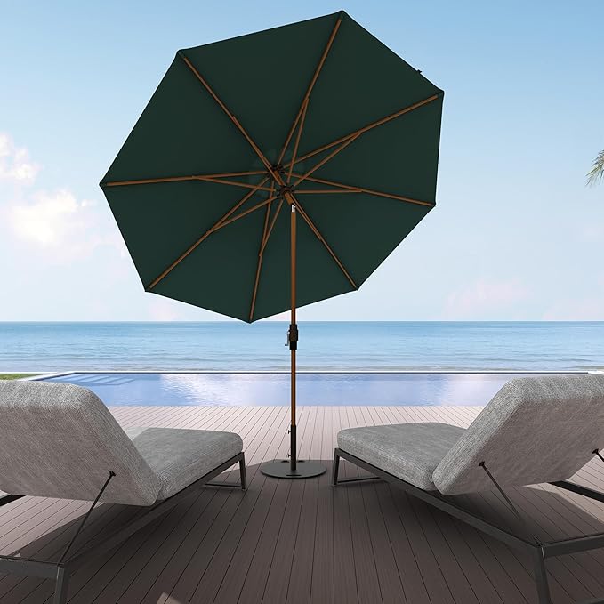 Midtown Umbrellas The Wooden 2-10 Feet Large Patio Umbrella, Terylast Dark Green Fabric - Auto-Tilt Aluminum Frame For Backyard Umbrella, Deck Umbrella, Garden Umbrella & Pool - Wooden Pole