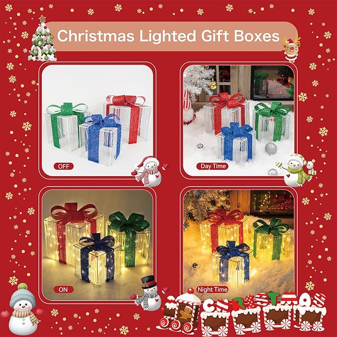 Set of 3 Christmas Lighted Gift Boxes, 140 LED Light Up Present Boxes for Christmas Decorations Indoor Outdoor Yard Xmas Tree Holiday Party Lawn Porch Home Decor (3 Colored Bow)