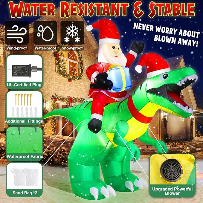 9x7FT Christmas Inflatables with LED Santa Ride on Dinosaur Outdoor Christmas Dinosaur Inflatable Blow Up Yard Decorations with Sandbags Stakes Strings for Garden Decor