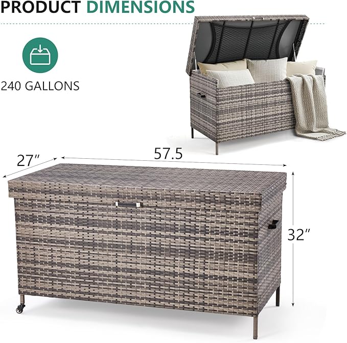 AVAWING 240 Gallon Wicker Deck Box, Outdoor Storage Box with Portable Wheels and Handles, Patio Rattan Container for Garden, Balcony, Yard (Grey)