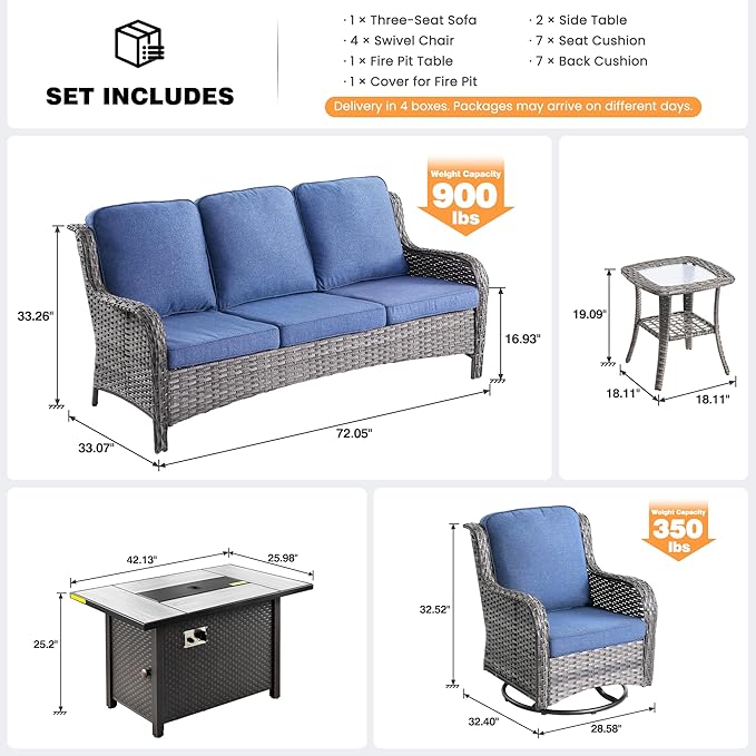 ovios 8 Pieces Patio Furniture Set, Outdoor Wicker Sofa Couch with Swivel Chairs 42" Fire Pit Table, High Back All Weather Modern Conversation Sets, Grey Rattan, Denim Blue