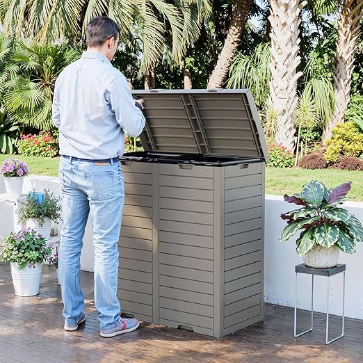 Outdoor Trash Can with Lid, Outdoor Trash Bin & Pull-Out Liquid Drawer, Dual Lid Closure Design, Waterproof Resin Garbage Can Container for Patio, Backyard, Deck (Grey, 62 Gallon)