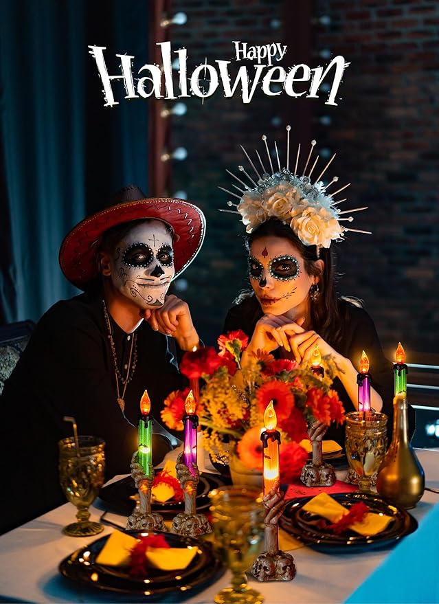 Halloween Decorations, 2 x 6 Pack Skeleton Hands Hold Lighted Candle Stakes, Waterproof Battery Operated Pathway Decor with Timer, Light Up for Tabletop Indoor Outdoor Party Lawn Yard Garden