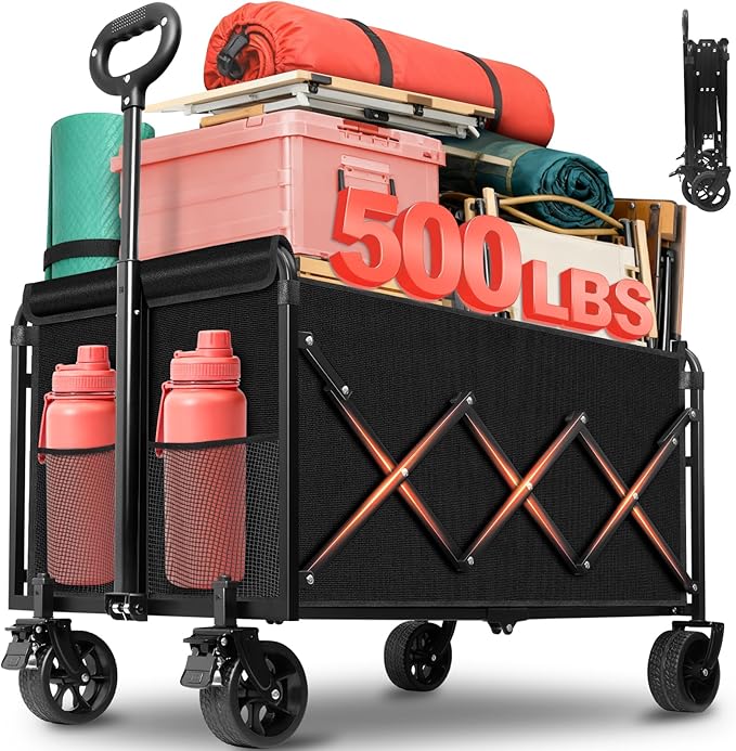 Collapsible Wagon Cart Foldable - Extra Large 500 lbs Capacity Portable Folding Beach Wagon with Wheels - Heavy Duty Utility Cart for Groceries, Shopping, Camping, Sports, Garden - Black