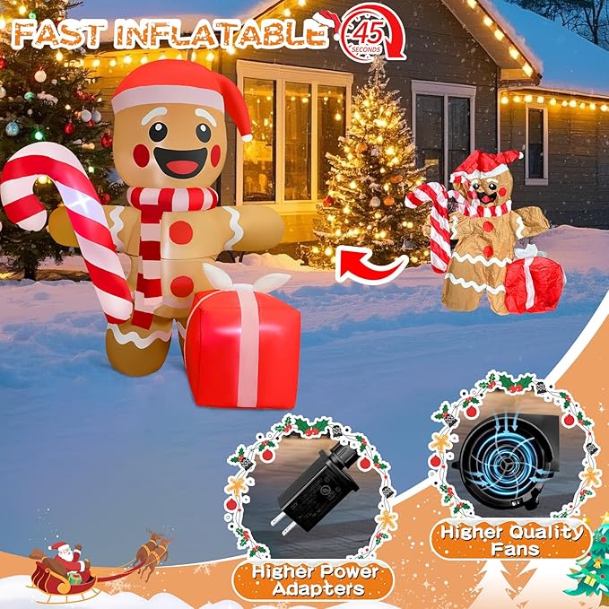 2025 Christamas Inflatable Gingerbread 6FT Gingerbread Man with Gift Box Christamas Inflatables Outdoor Decoration Xmas Gingerbread Blow Up Decor with Built-in 4 LED for Holiday Party Yard Garden Lawn