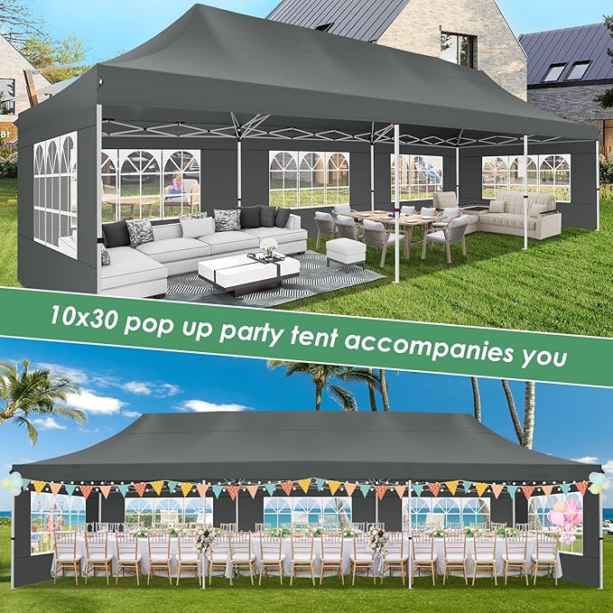 COBIZI 10x30 Pop Up Canopy Party Tents for Parties Waterproof Outdoor Event Shelter with 8 Sidewalls Camping Commercial Wedding Portable Easy to Set up Gazebo Tent for Backyard, Grey