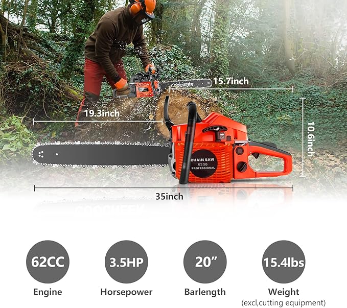 COOCHEER Gas Chainsaw Powered, Upgraded 62CC 3.5-HP 2-Cycle 20 Inch Chainsaw Gas with Carrying Bag & Tool Kit, Chainsaws Gas powered for Trees Wood Cutting and Tree Trimming(Limited Orange Version)
