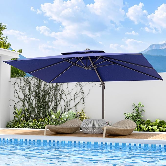 9x12 FT Patio Umbrella, Large Cantilever Rectangular Double Top Heavy Duty Offset Umbrellas with 360° Rotation, Outdoor shade for Garden Deck Pool, Navy