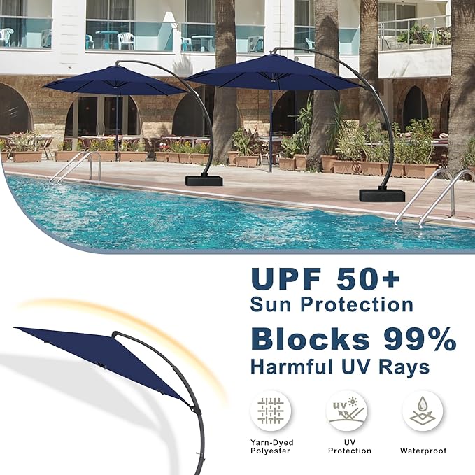 11FT Cantilever Umbrella with Base Large Curvy Outdoor Aluminum Offset Umbrella w/ 360° Rotation, UV Resistant Canopy for Patio, Garden, Backyard, Navy Blue
