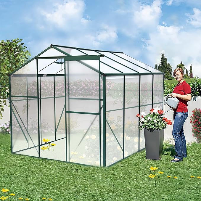 Favfurish 8x6 FT Greenhouses for Outdoors, Outside Heavy Duty Walk in Green House for Garden Plants, UV Protection Adjustable Roof Vent, Thermostatic Waterproof and Insect Resistant, Green