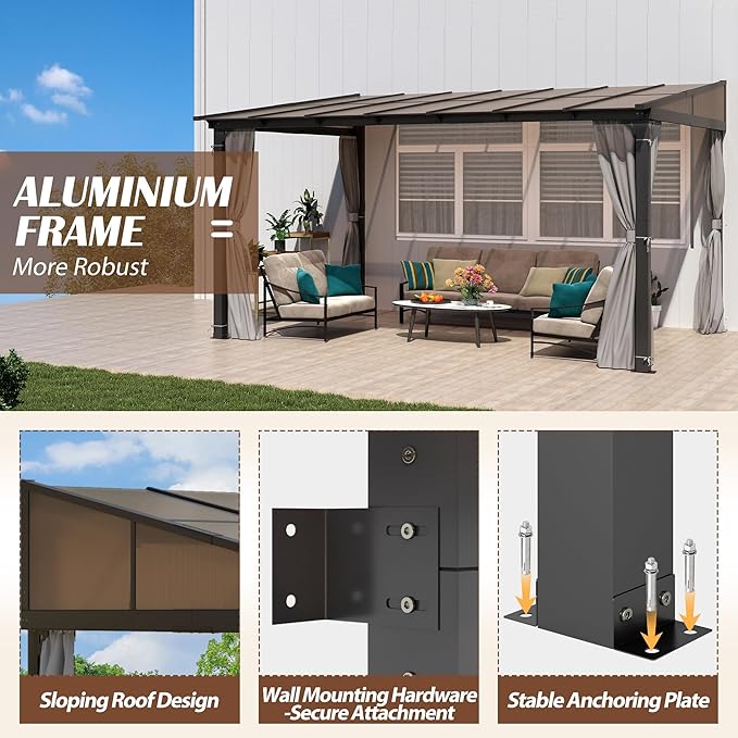 10 x13FT Outdoor Wall-Mounted Hardtop Gazebo, Aluminum Frame Lean to Gazebo with Polycarbonate Roof and Curtains for Patio, Garden, Deck