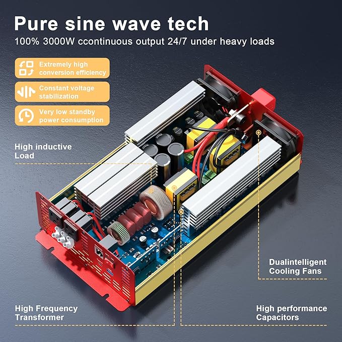 3000W Pure Sine Wave Inverter 12V DC to 120V AC Converter for Family Emergency Preparedness,Camping,RV,Solar DIY,Outdoors,Built-in 5V/2.1A USB-A,USB-C,Hardwire Port, Remote Controller