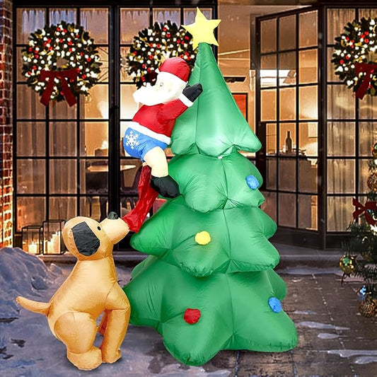 Dearsun 6.5FT H Christmas Inflatable Tree with Build-in LED Lights, Funny Inflatable Dog Chasing Santa Claus,Blow Up Christmas Outdoor Decor Giant Yard Party Decoration (Santa Claus Chased by Dog)
