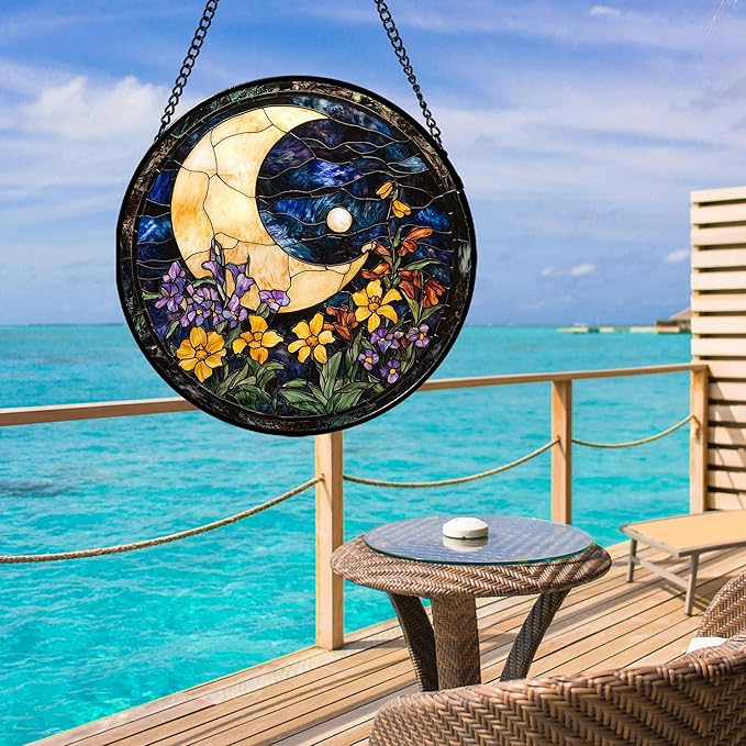 Stained Glass Window Hanging - Blue Night Sky Moon Suncatcher for Door Terrace Garden Home Decor Wildflowers Sun Catcher Birthday Gifts for Lovers Women Men Dad Mom Nana 15 in