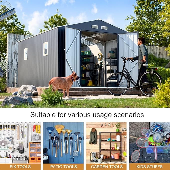 10x12 FT Metal Outdoor Storaged Shed with Floor Base Waterproof Reinforced Frame with Unique Clear Roof Skyview Windows Air Vents Door for Garden Patio Backyard Large Tools Storage Lawnmower,Dark Grey