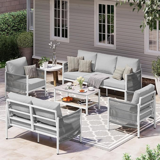 Aluminum Outdoor Patio Furniture Set, HDPE Rope 5 Piece Modern Sectional Conversation Sets with Dual-Layer Coffee Table, All Weather Patio Couch Sofa with Thick Cushions, White Frame, White