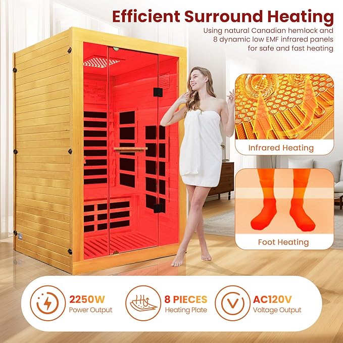 Infrared Sauna 2000W Wooden Saunas Home Spa Room Canadian Hemlock Wood Low-EMF Indoor Saunas with with Red Light Beauty Lamp for Two Person 74.8 * 47.2 * 41.3Inch