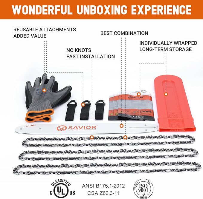 Savior 14 Inch Chainsaw Guide Bar and S52 Chain Combo, 3/8" LP Pitch, .050" Gauge, 52 Drive Links Fits Husqvarna 120 Echo CS-310 Ryobi RY3714 Replaces 140SDEA041 27856(3 Chains+ 1 Bar)